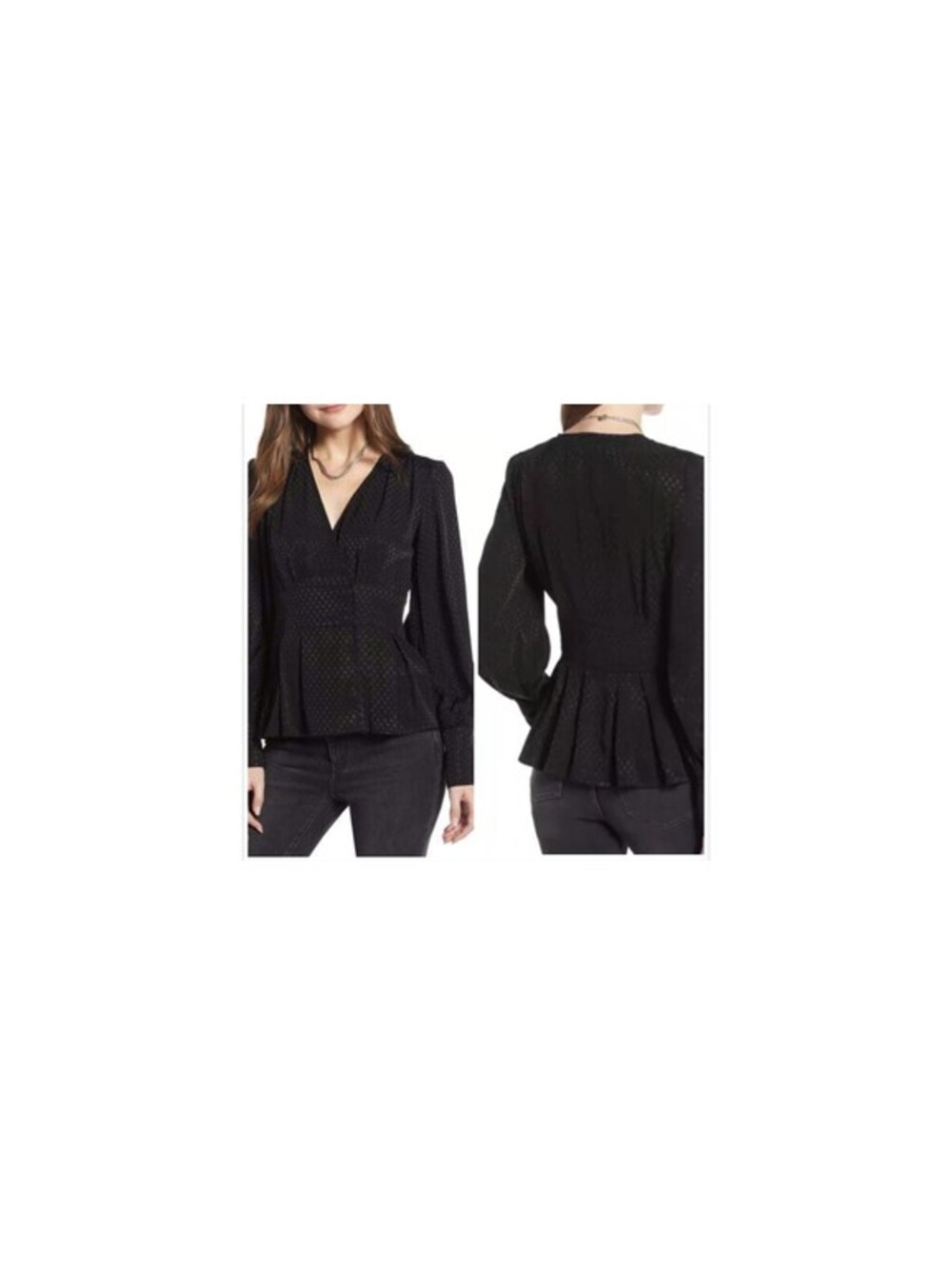 Something Navy Black Satin Jacquard Peplum Blouse  Whimsigoth Dark Academia XS
